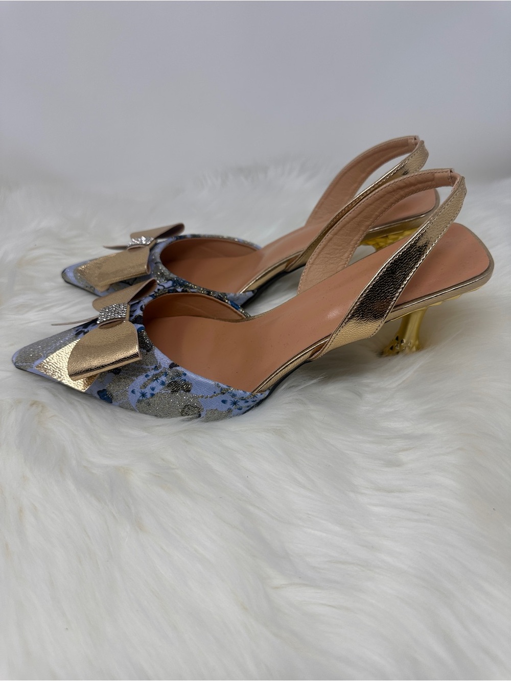Gold Bow Slingback Heels in Baby Blue Pattern